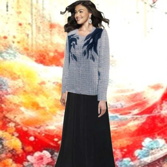 MISS LEE Vintage Basketweave Tweed Black Velvet Applique Statement Jacket Sz XL - Picture 4 of 5